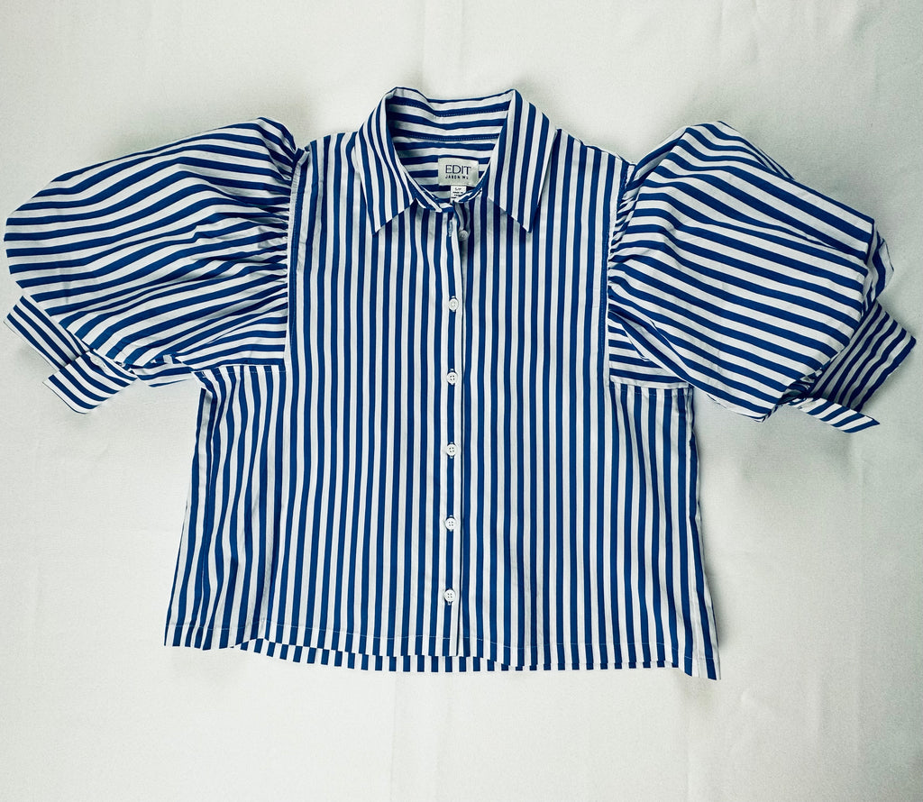 NWT EDIT Jason Wu S Blue White Stripe Puff Sleeve Cropped Button Down Shirt