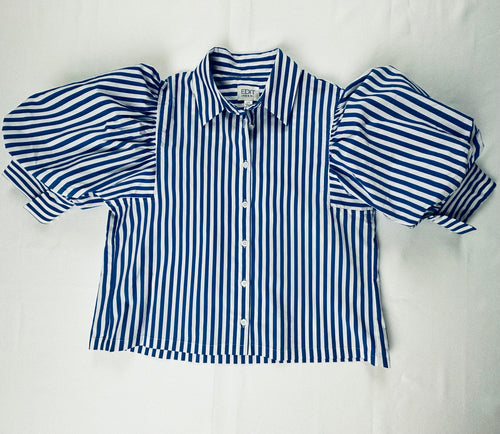 EDIT Jason Wu S Blue White Stripe Puff Sleeve Cropped Button Down Shirt