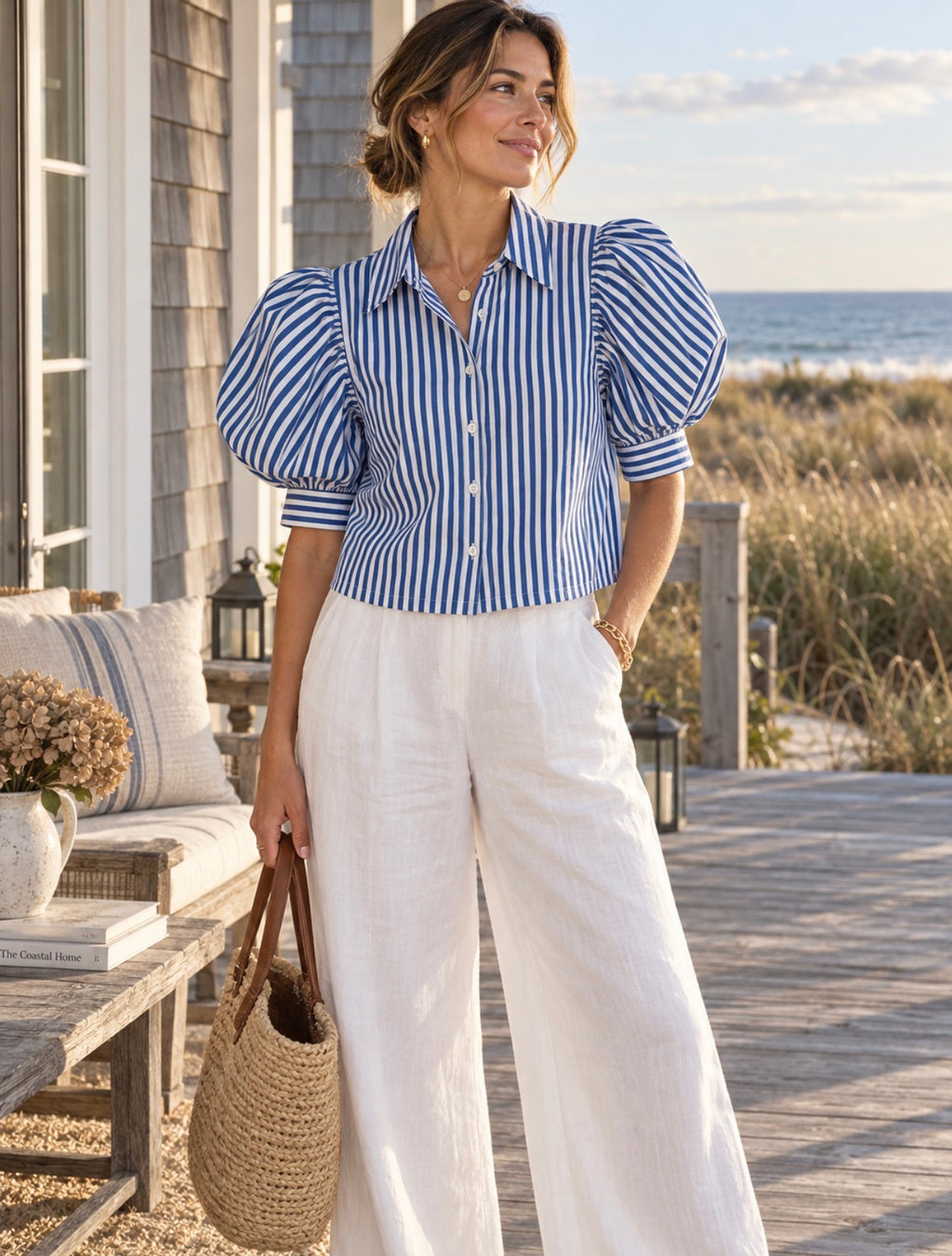 NWT EDIT Jason Wu S Blue White Stripe Puff Sleeve Cropped Button Down Shirt
