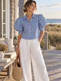 NWT EDIT Jason Wu S Blue White Stripe Puff Sleeve Cropped Button Down Shirt