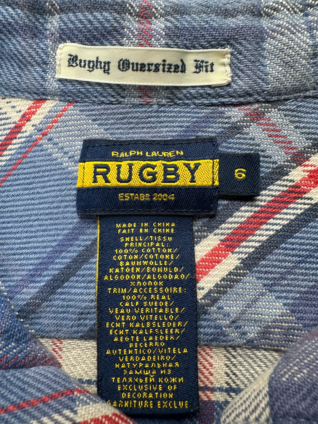 Vintage 2004 Ralph Lauren Rugby Plaid Flannel Shirt Suede Elbow Patch Womens 6