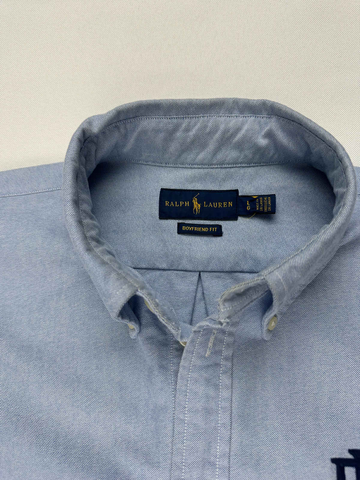 Ralph Lauren Women’s Blue Oxford Shirt Boyfriend Fit PRL Monogram Size L