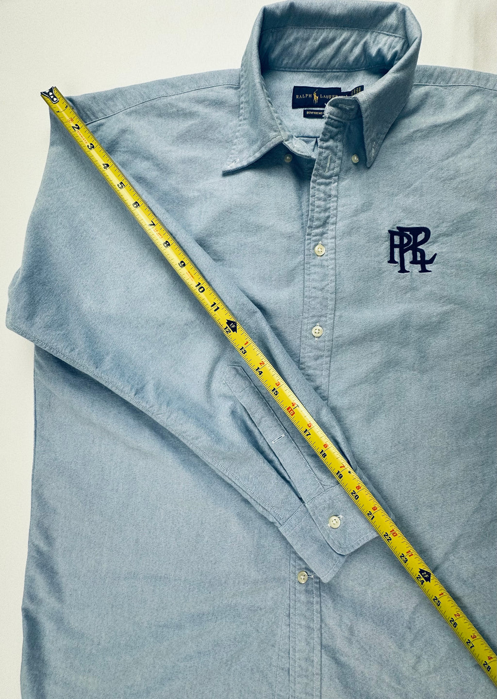 Ralph Lauren Women’s Blue Oxford Shirt Boyfriend Fit PRL Monogram Size L