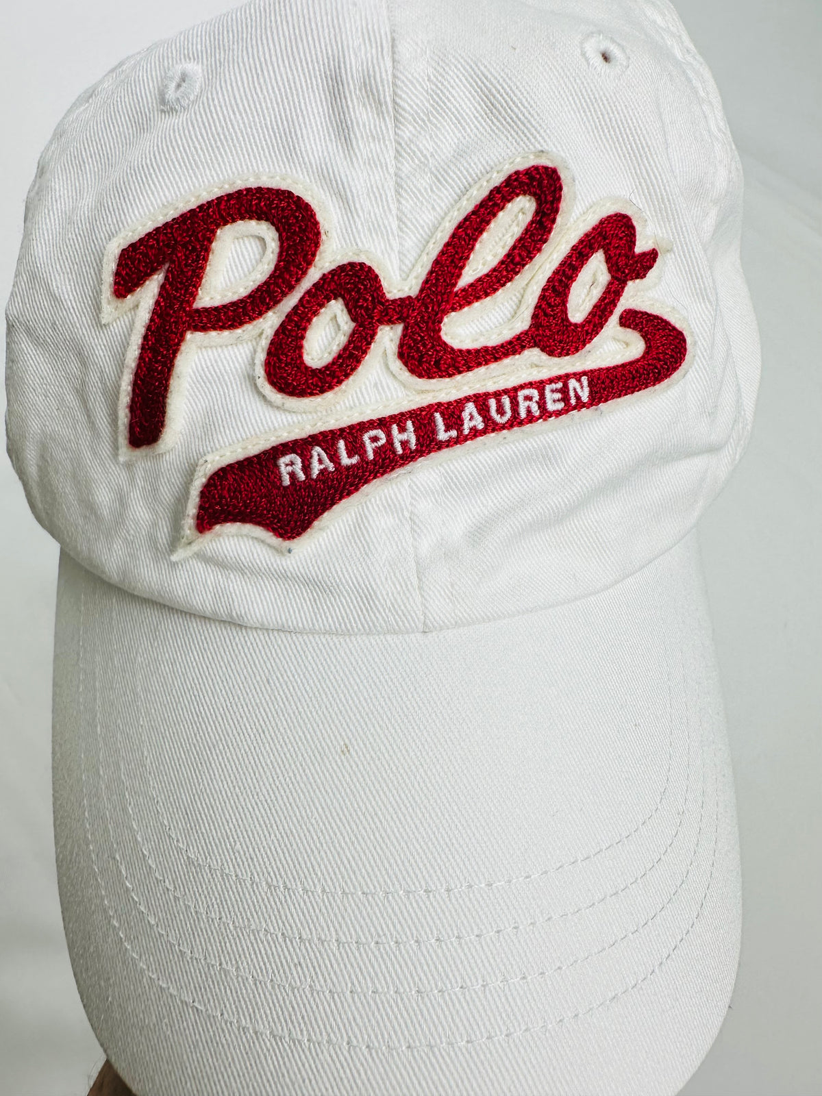 Polo Ralph Lauren White Red Script Logo Baseball Cap Leather Strap One Size
