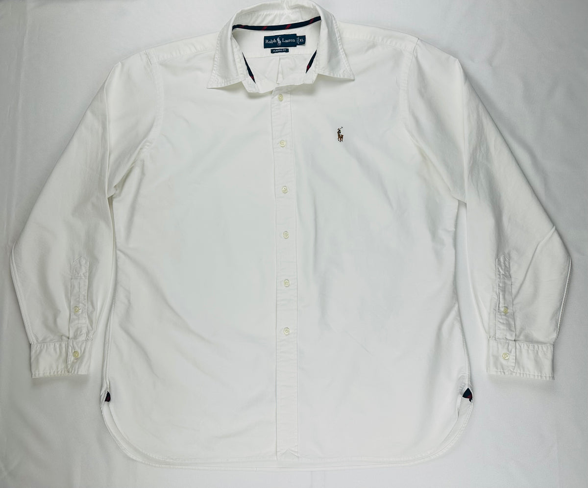 Vintage Ralph Lauren Men’s XL White Oxford Shirt Classic Fit Grosgrain Trim Multicolor Pony