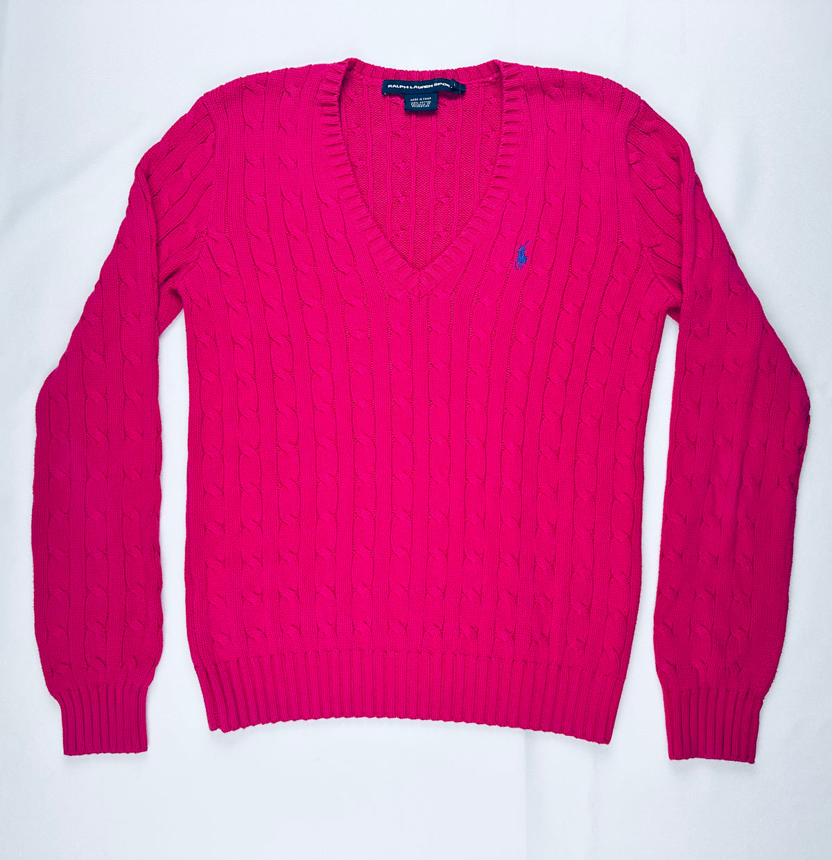 Ralph Lauren Sport Women’s L Hot Pink Cable Knit V-Neck Cotton Sweater Pony Logo