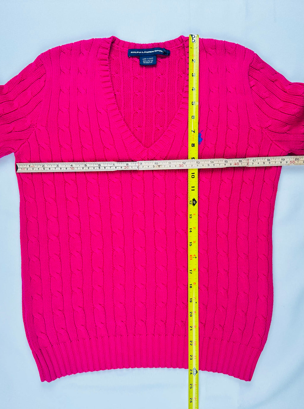 Ralph Lauren Sport Women’s L Hot Pink Cable Knit V-Neck Cotton Sweater Pony Logo