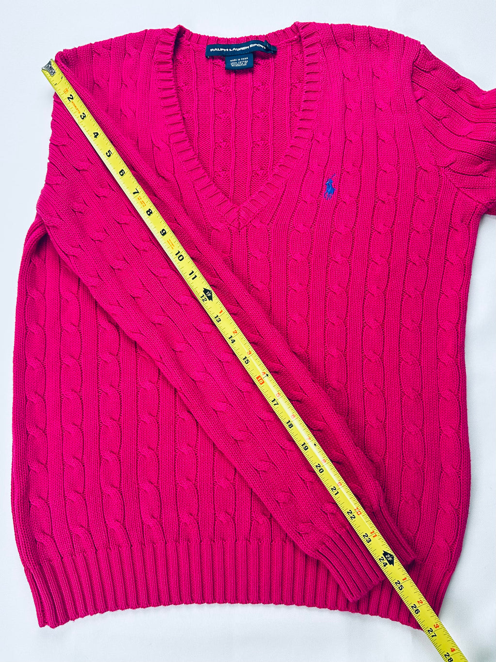 Ralph Lauren Sport Women’s L Hot Pink Cable Knit V-Neck Cotton Sweater Pony Logo