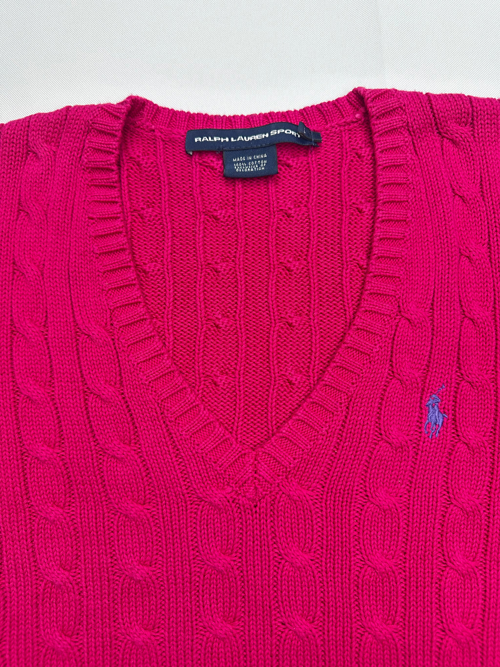 Ralph Lauren Sport Women’s L Hot Pink Cable Knit V-Neck Cotton Sweater Pony Logo
