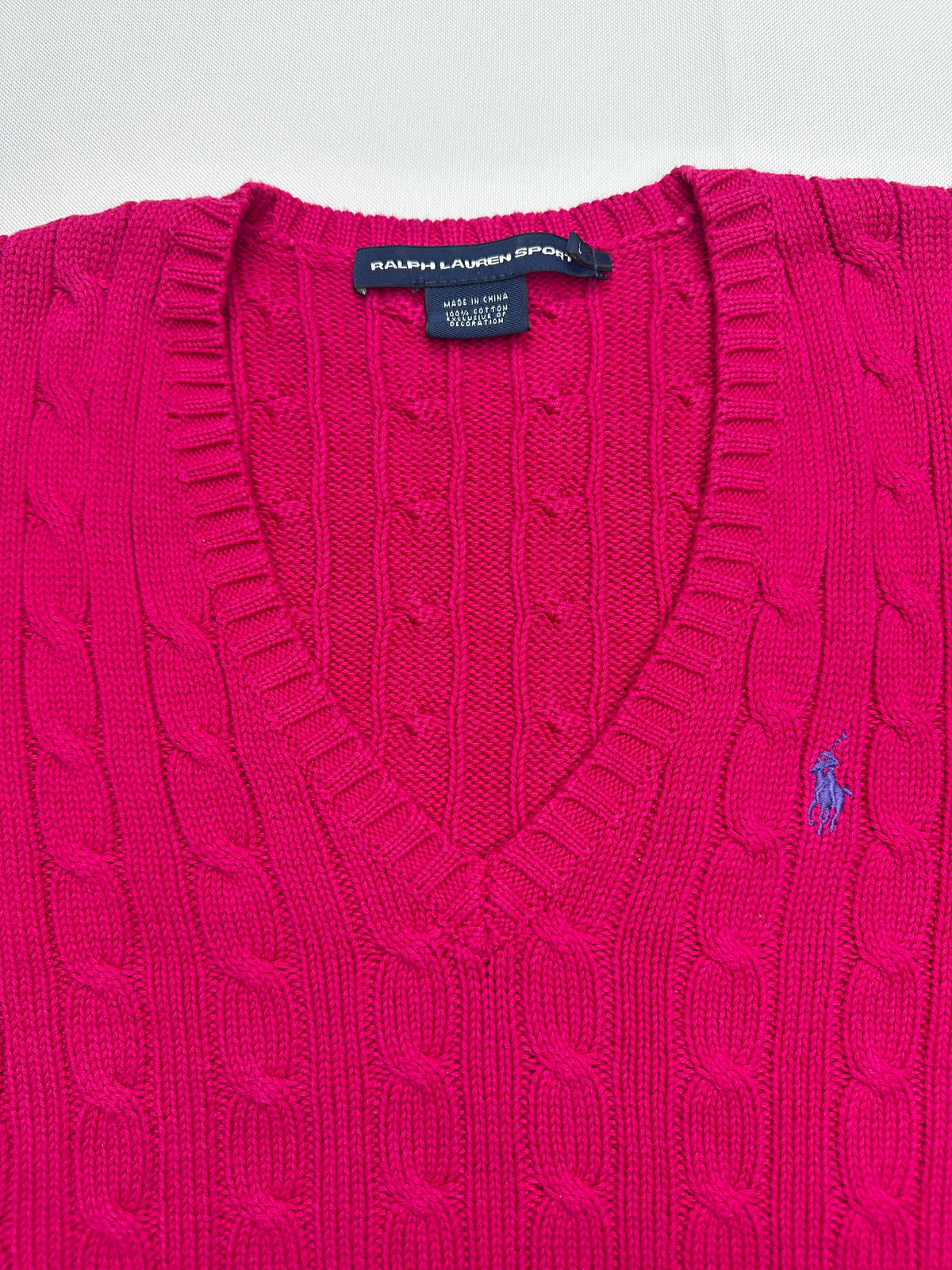 Ralph Lauren Sport Women’s L Hot Pink Cable Knit V-Neck Cotton Sweater Pony Logo