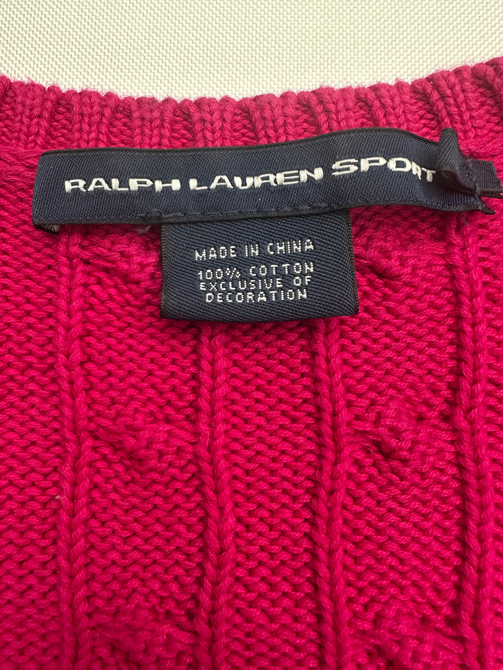Ralph Lauren Sport Women’s L Hot Pink Cable Knit V-Neck Cotton Sweater Pony Logo