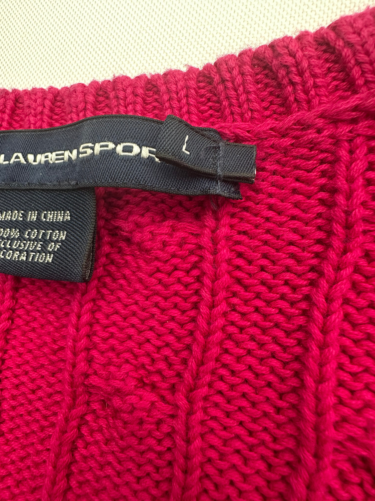 Ralph Lauren Sport Women’s L Hot Pink Cable Knit V-Neck Cotton Sweater Pony Logo