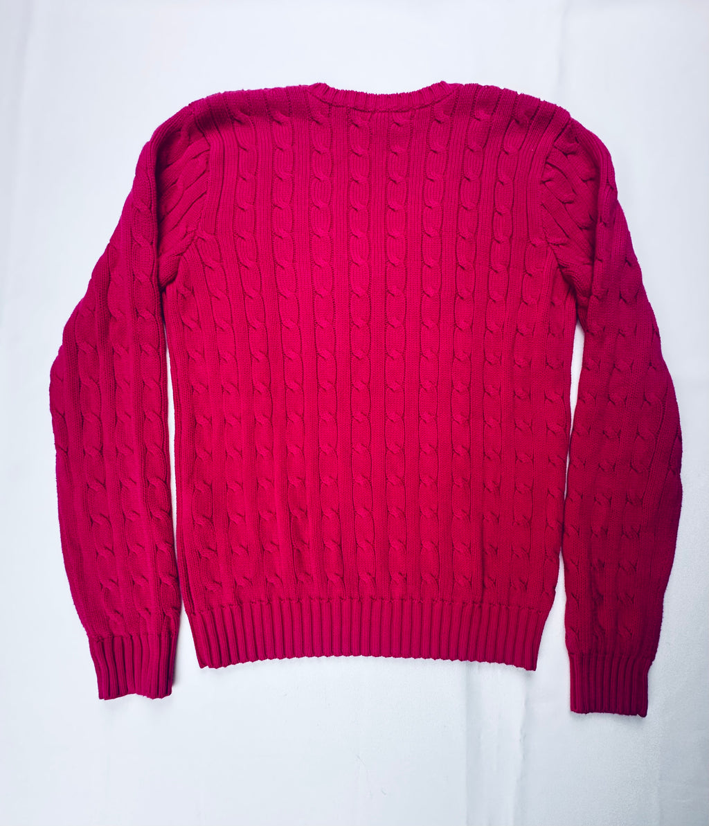 Ralph Lauren Sport Women’s L Hot Pink Cable Knit V-Neck Cotton Sweater Pony Logo