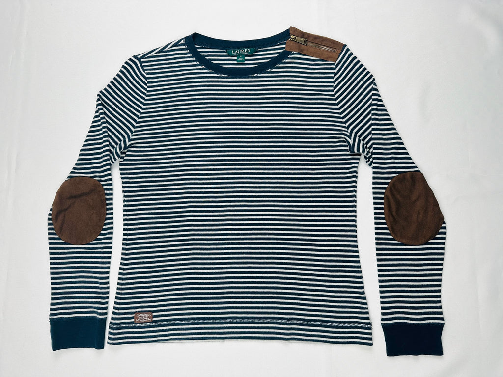 Lauren Ralph Lauren Women’s M Navy Stripe Top Suede Elbow Patch Shoulder Zip
