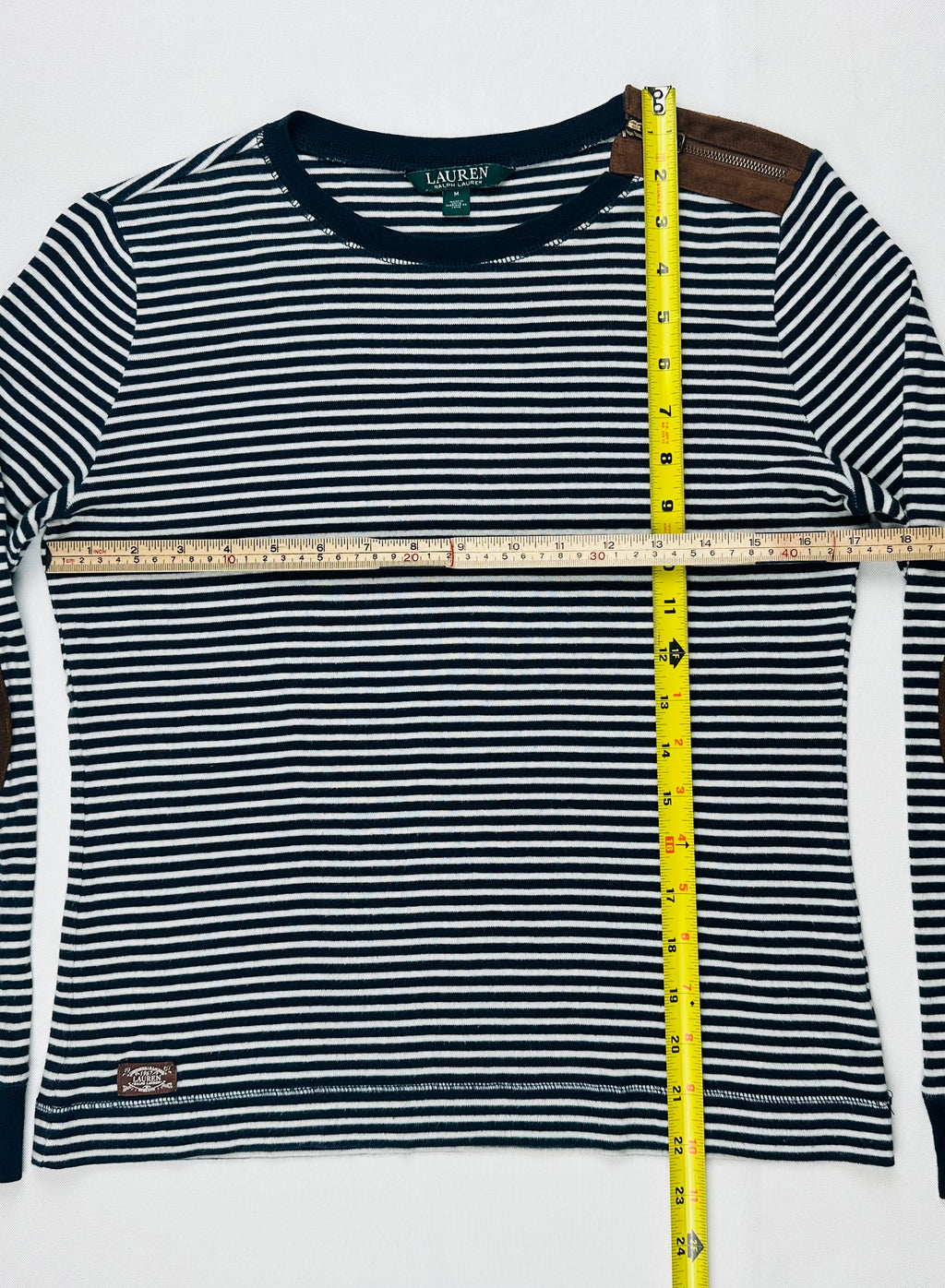 Lauren Ralph Lauren Women’s M Navy Stripe Top Suede Elbow Patch Shoulder Zip
