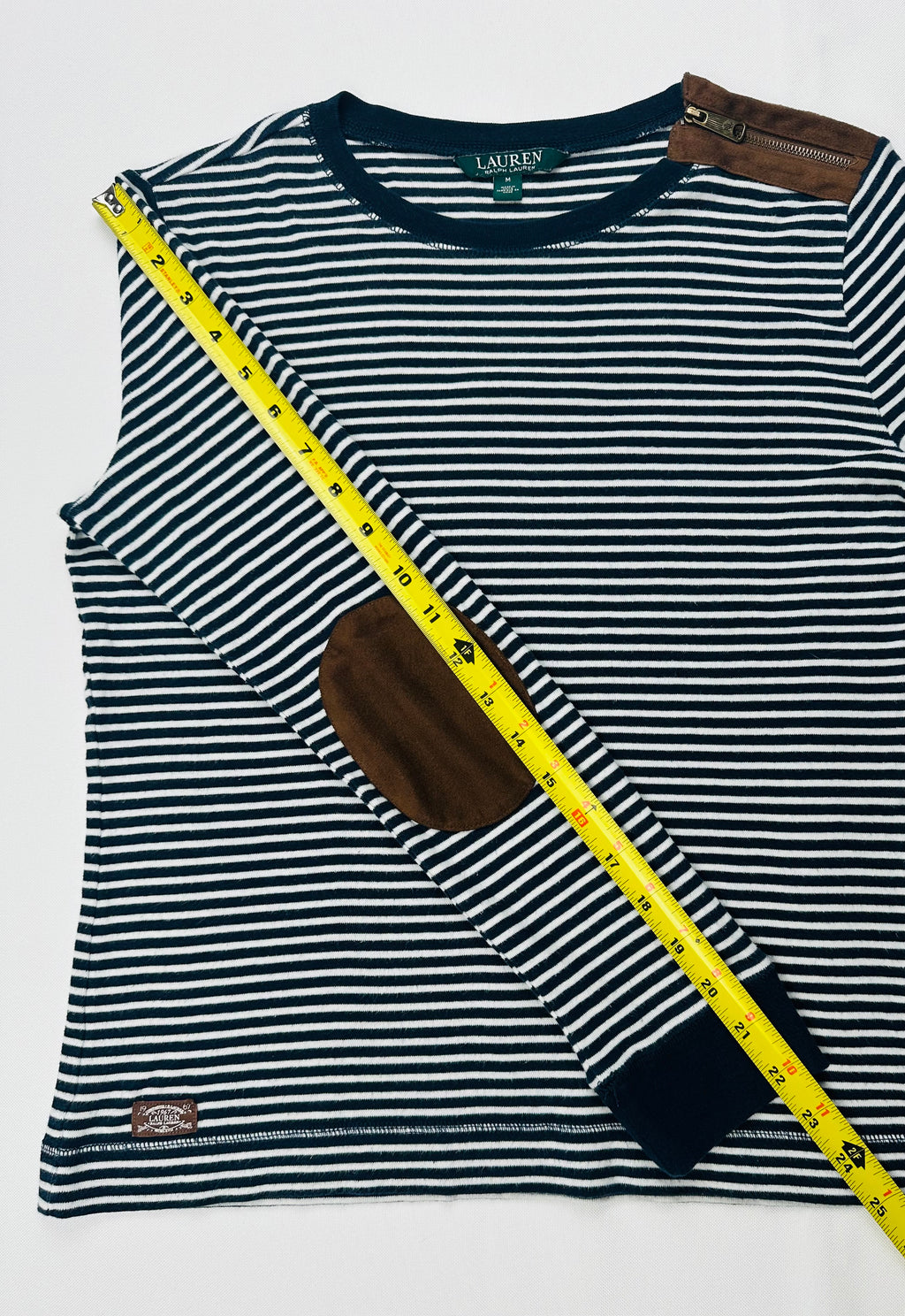 Lauren Ralph Lauren Women’s M Navy Stripe Top Suede Elbow Patch Shoulder Zip