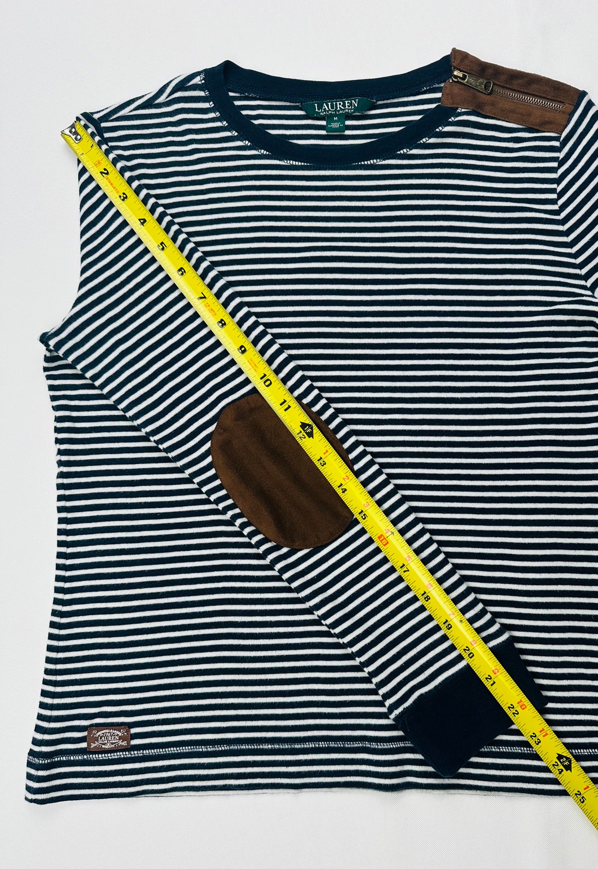 Lauren Ralph Lauren Women’s M Navy Stripe Top Suede Elbow Patch Shoulder Zip