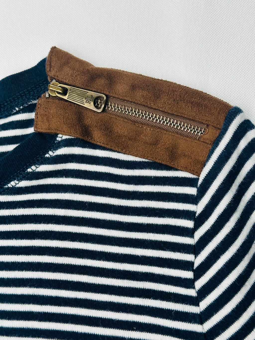 Lauren Ralph Lauren Women’s M Navy Stripe Top Suede Elbow Patch Shoulder Zip