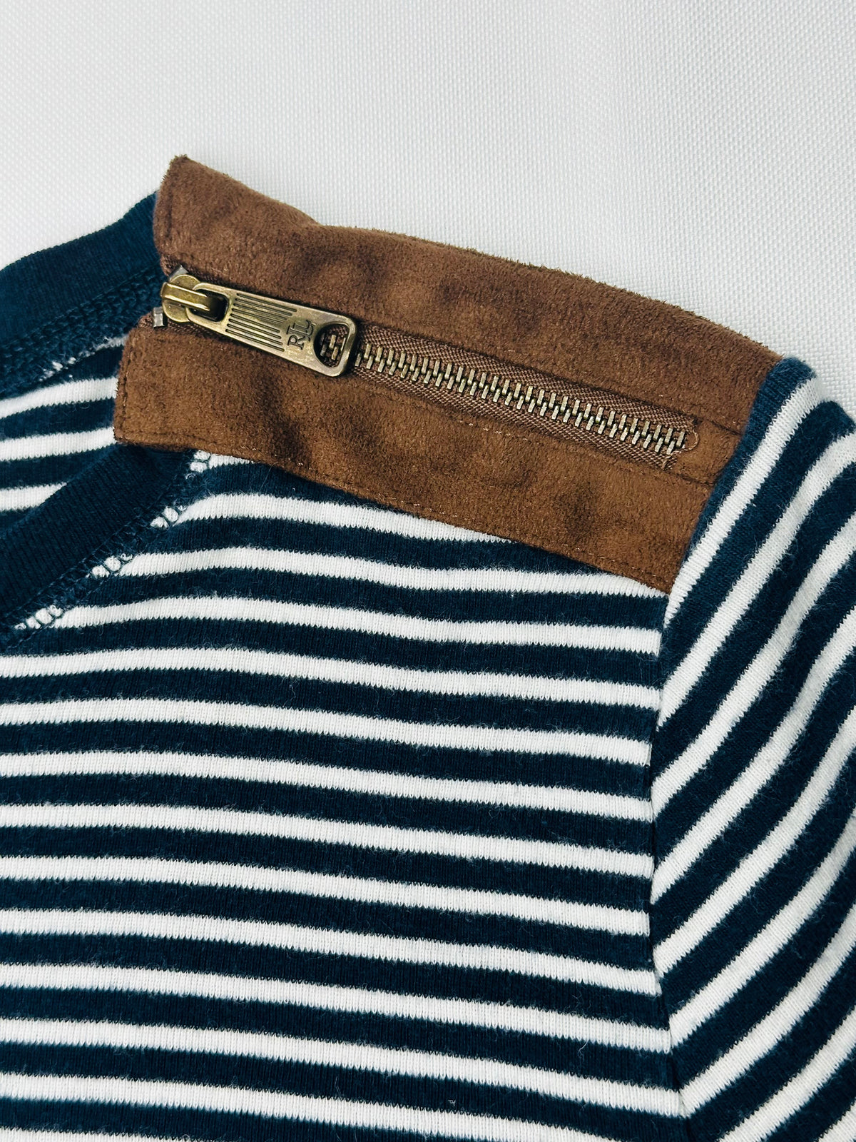 Lauren Ralph Lauren Women’s M Navy Stripe Top Suede Elbow Patch Shoulder Zip