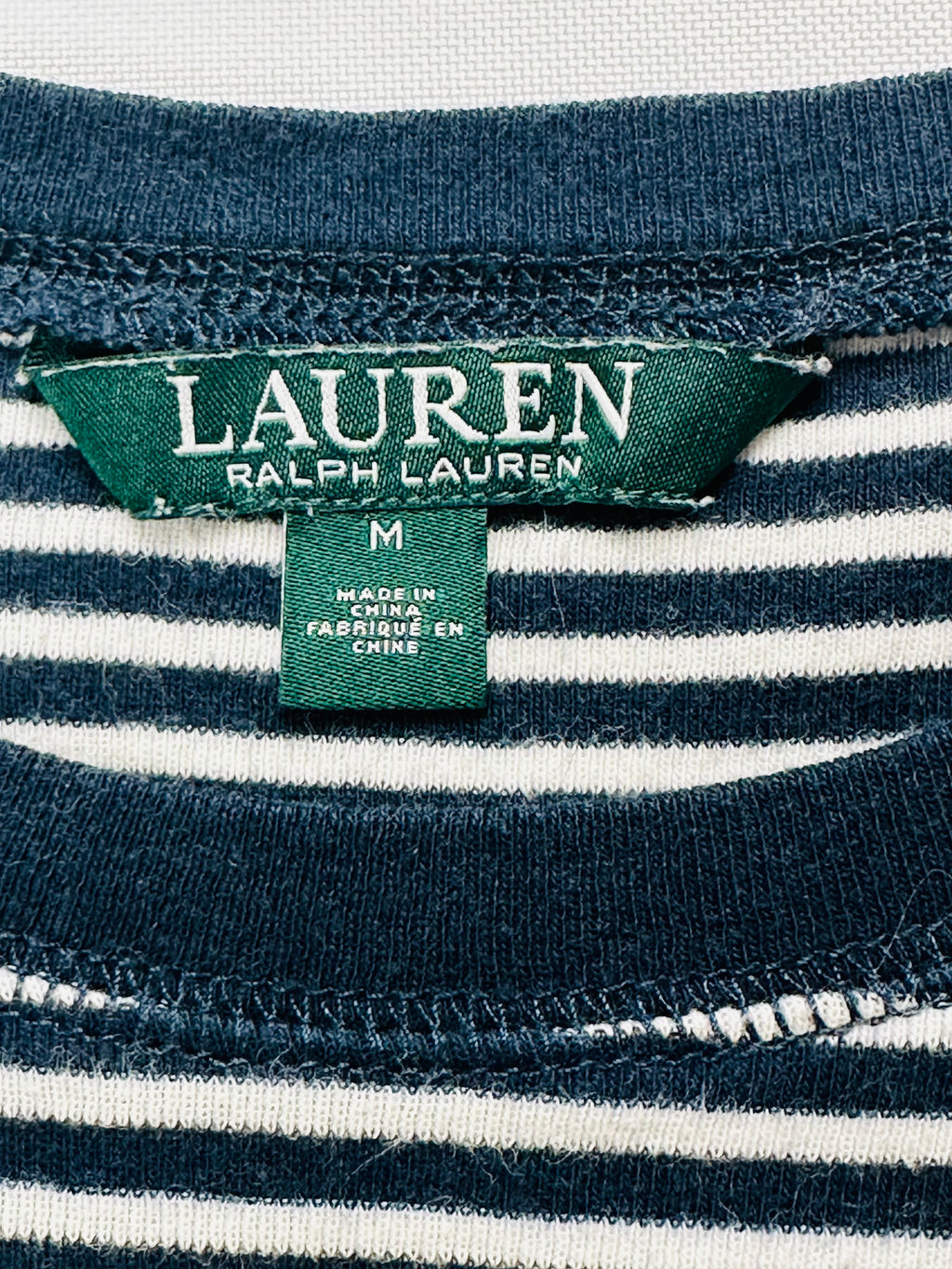 Lauren Ralph Lauren Women’s M Navy Stripe Top Suede Elbow Patch Shoulder Zip