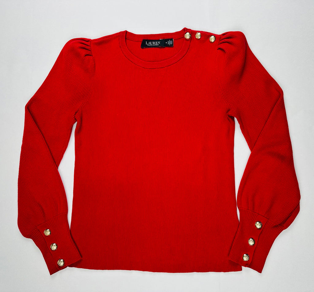 Lauren Ralph Lauren Women’s M Red Ribbed Puff Sleeve Sweater Gold Crest Buttons
