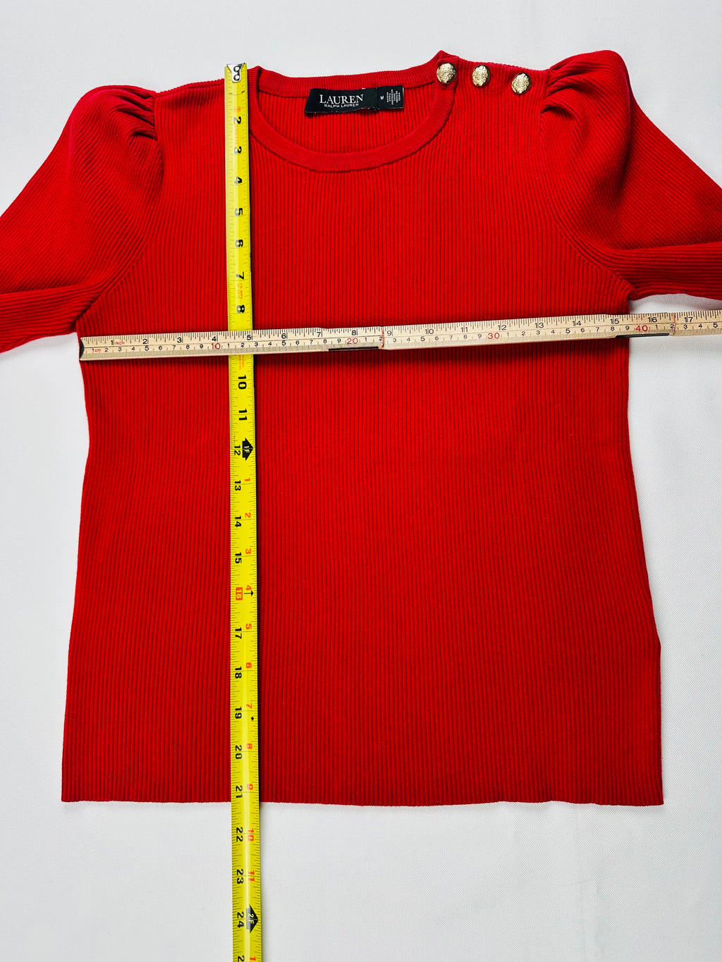 Lauren Ralph Lauren Women’s M Red Ribbed Puff Sleeve Sweater Gold Crest Buttons
