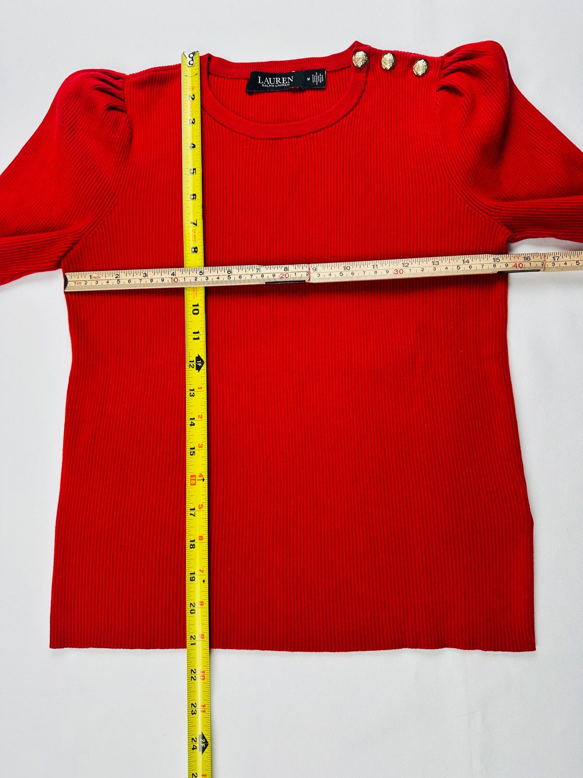 Lauren Ralph Lauren Women’s M Red Ribbed Puff Sleeve Sweater Gold Crest Buttons