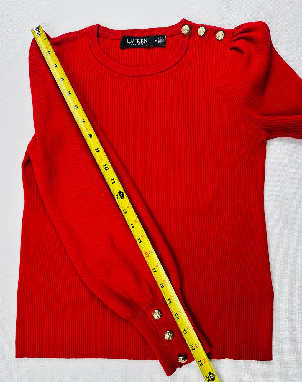 Lauren Ralph Lauren Women’s M Red Ribbed Puff Sleeve Sweater Gold Crest Buttons