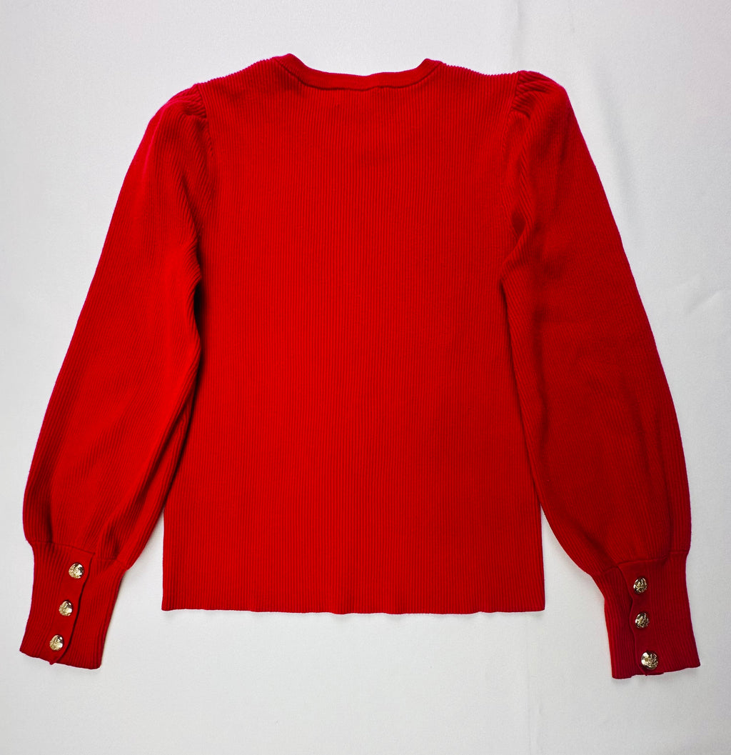 Lauren Ralph Lauren Women’s M Red Ribbed Puff Sleeve Sweater Gold Crest Buttons