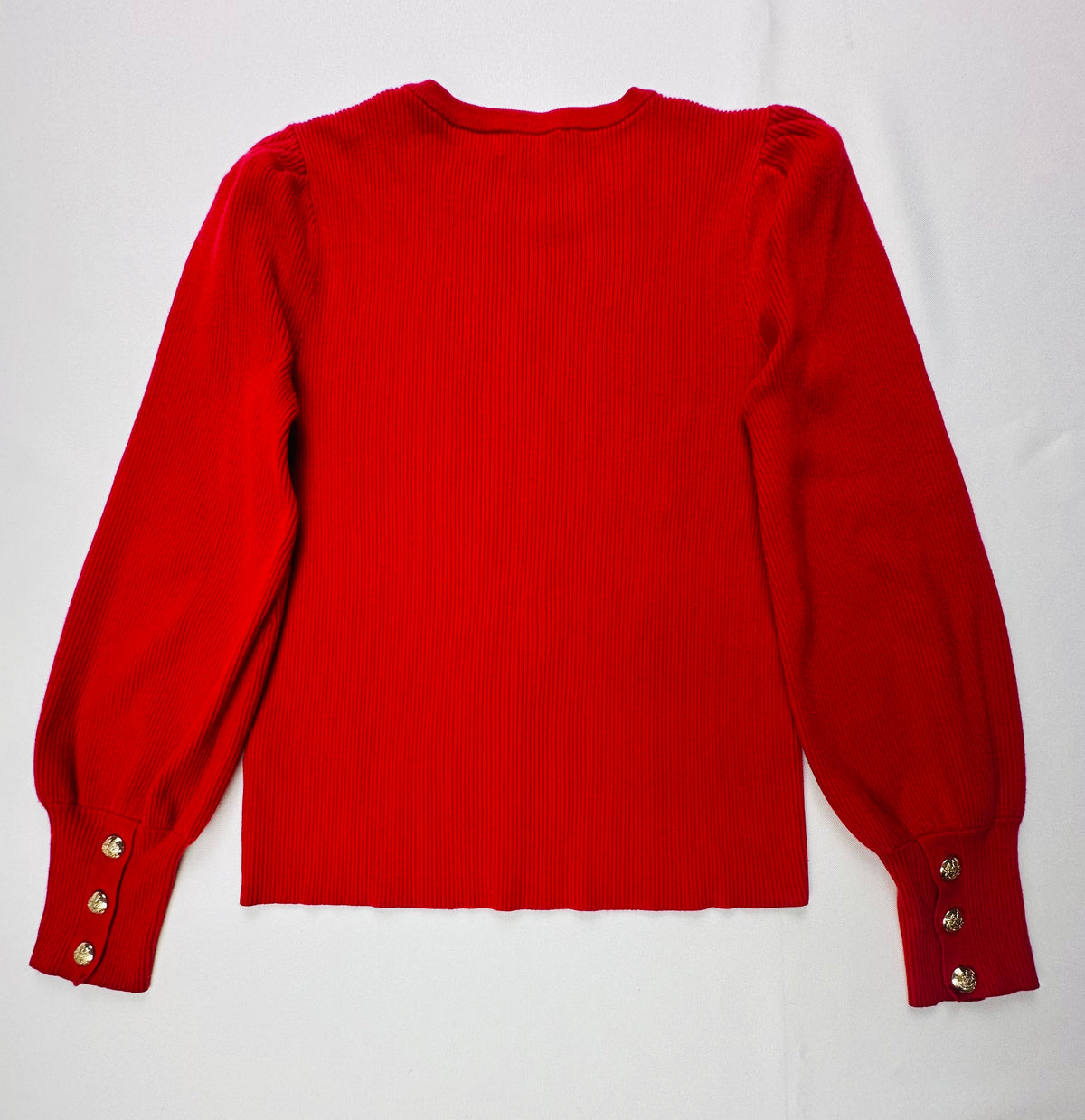 Lauren Ralph Lauren Women’s M Red Ribbed Puff Sleeve Sweater Gold Crest Buttons