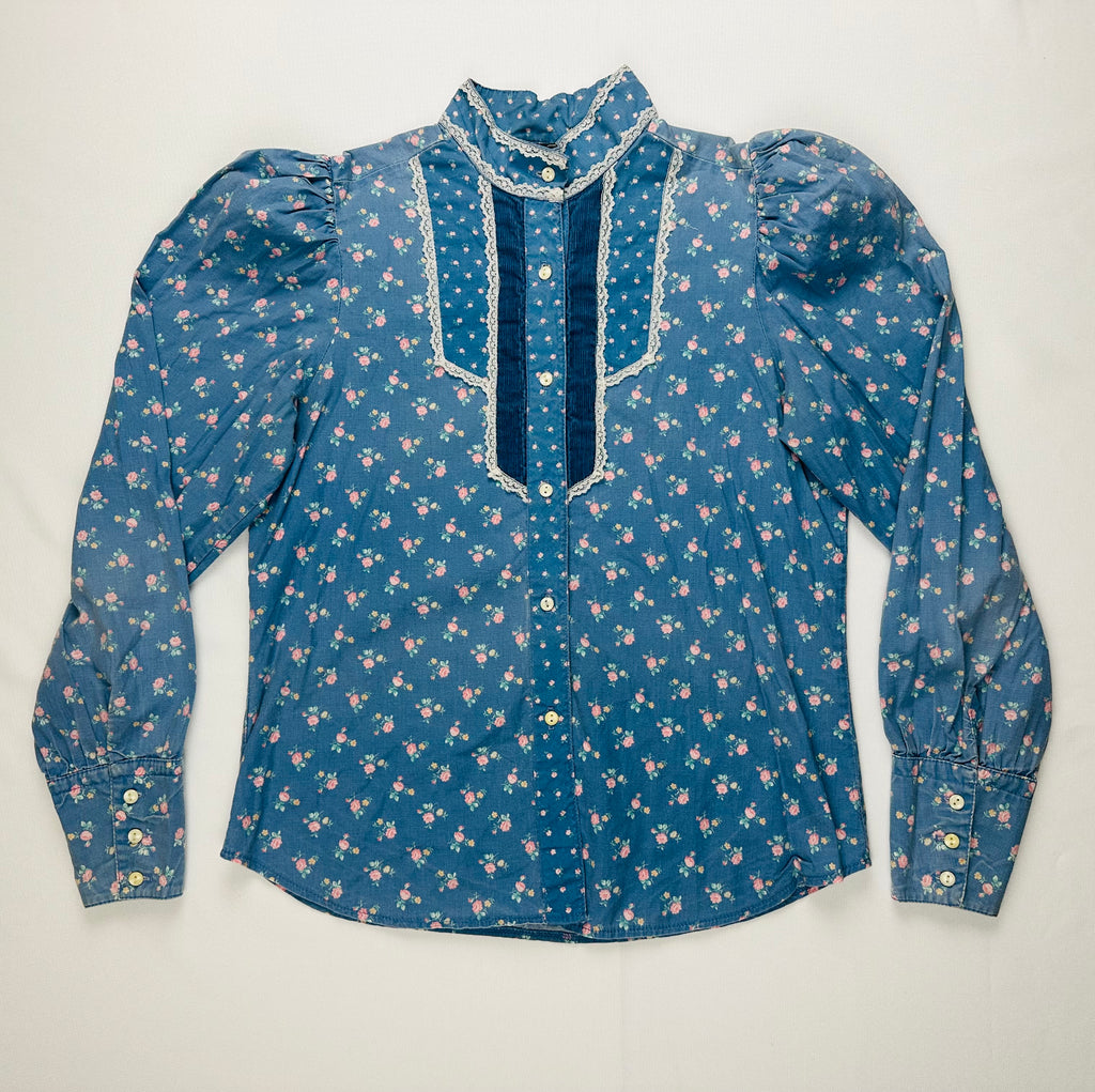 Vintage Circle T Marilyn Williams Prairie Blouse 15/16 1970s Western Ranch Shirt Lace Bib Puff Sleeve USA