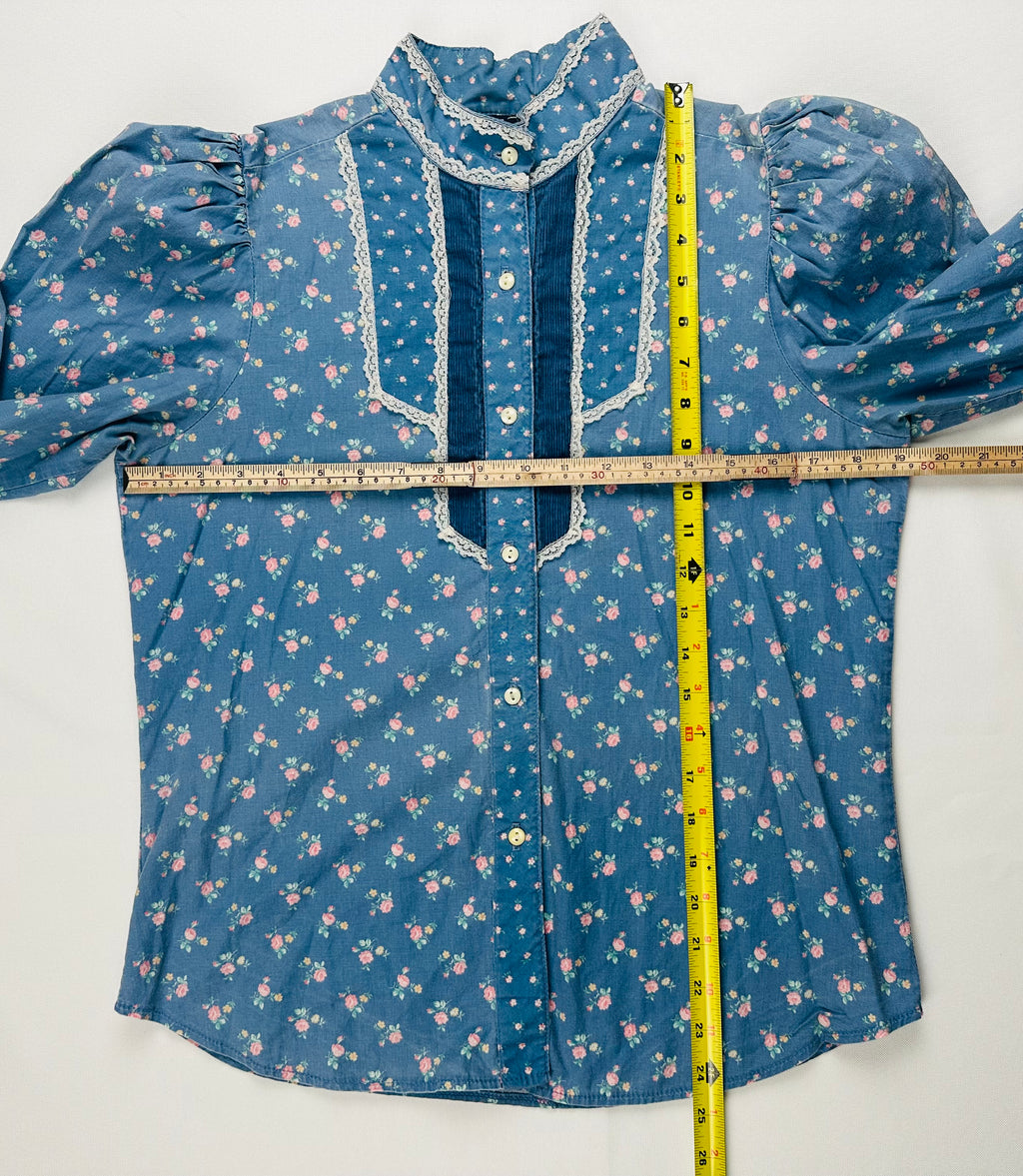 Vintage Circle T Marilyn Williams Prairie Blouse 15/16 1970s Western Ranch Shirt Lace Bib Puff Sleeve USA