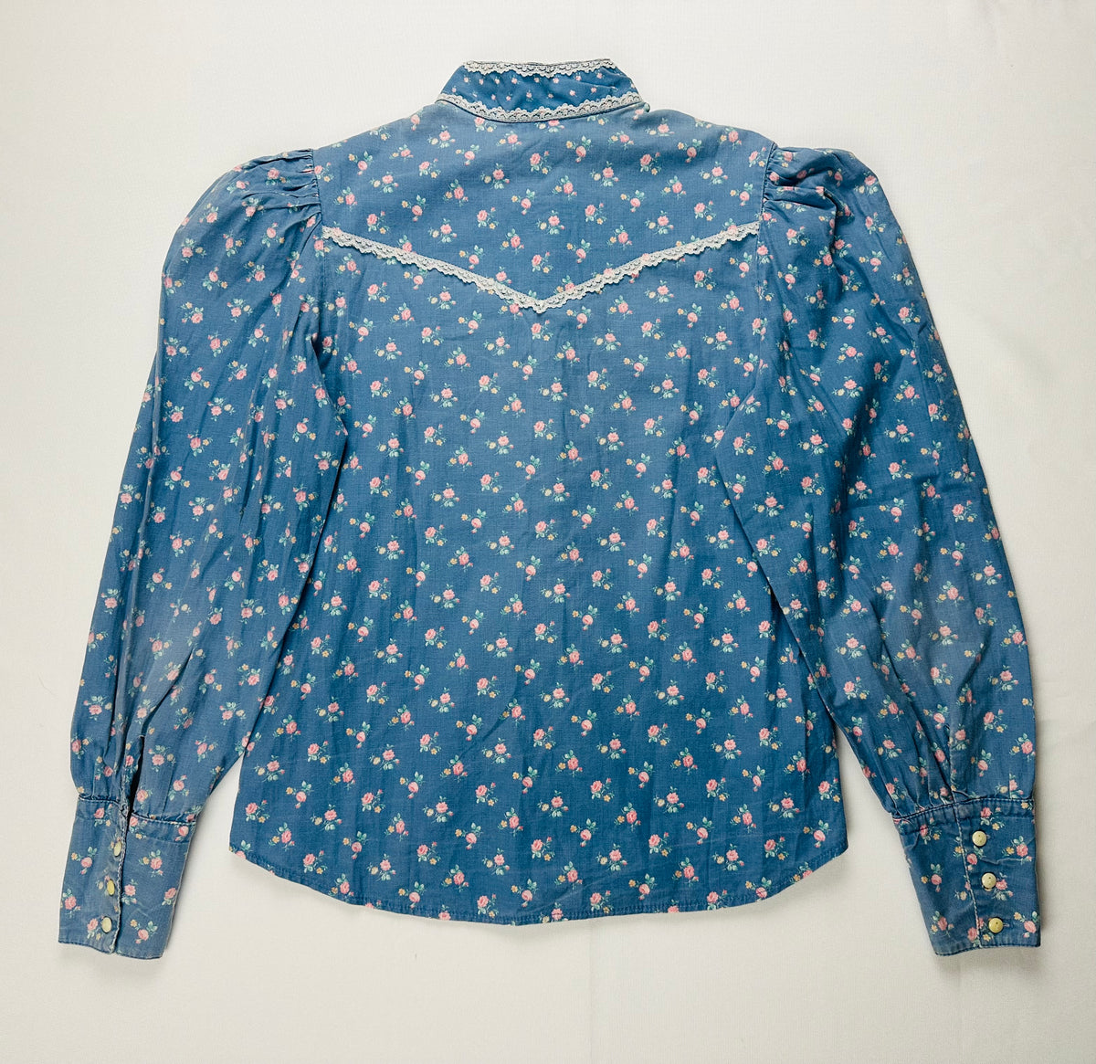 Vintage Circle T Marilyn Williams Prairie Blouse 15/16 1970s Western Ranch Shirt Lace Bib Puff Sleeve USA