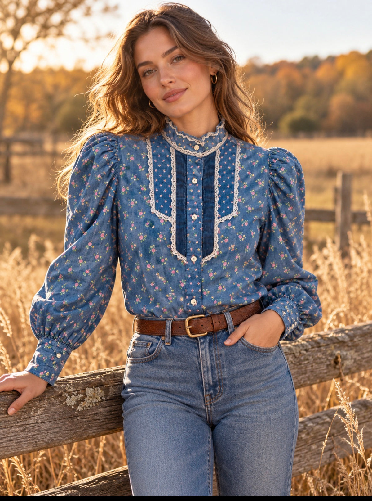 Vintage Circle T Marilyn Williams Prairie Blouse 15/16 1970s Western Ranch Shirt Lace Bib Puff Sleeve USA