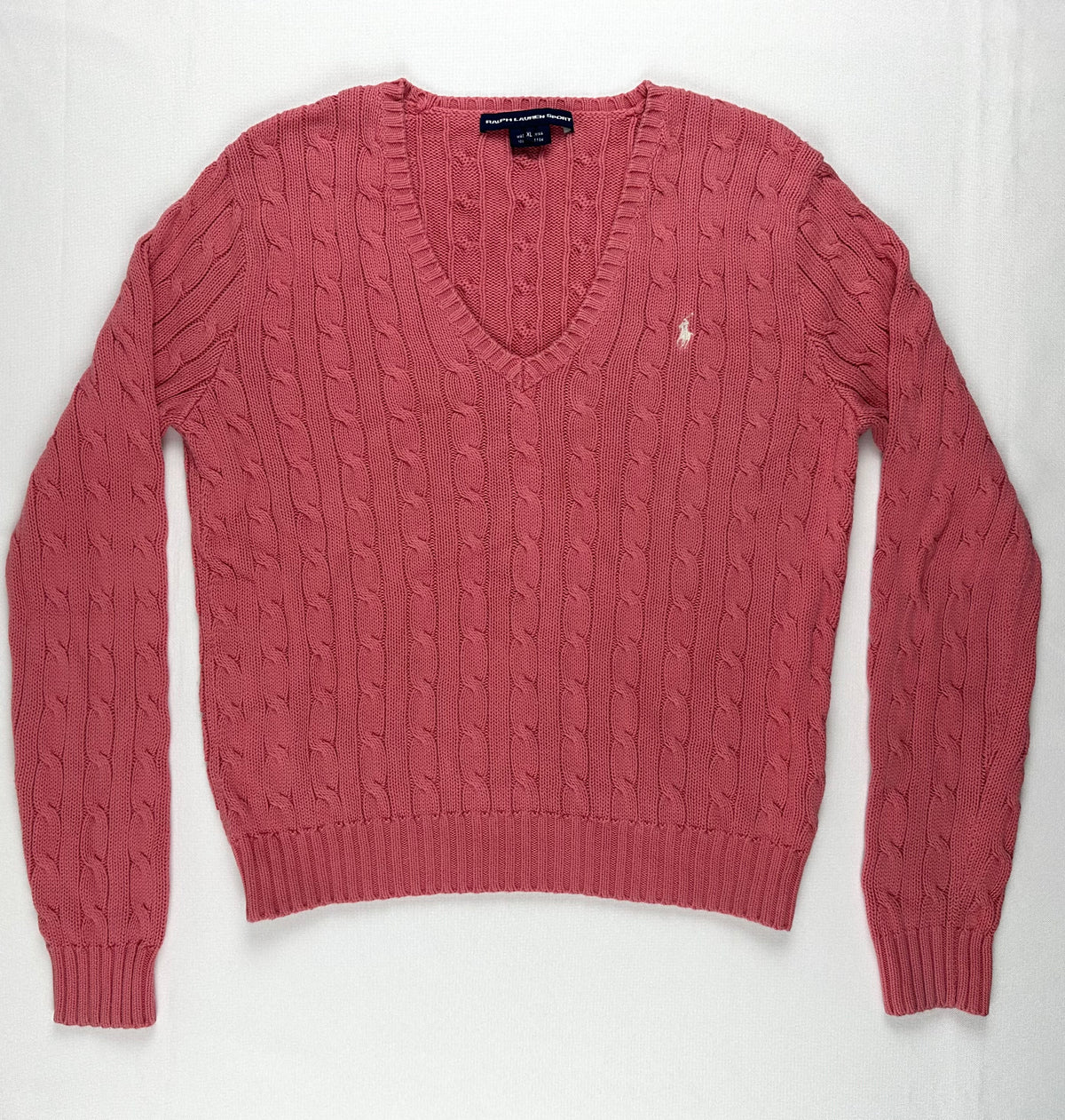 Vintage Ralph Lauren Sport Women’s XL Rose Pink Cable Knit V-Neck Cotton Sweater Pony