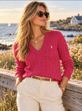 Vintage Ralph Lauren Sport Women’s XL Rose Pink Cable Knit V-Neck Cotton Sweater Pony