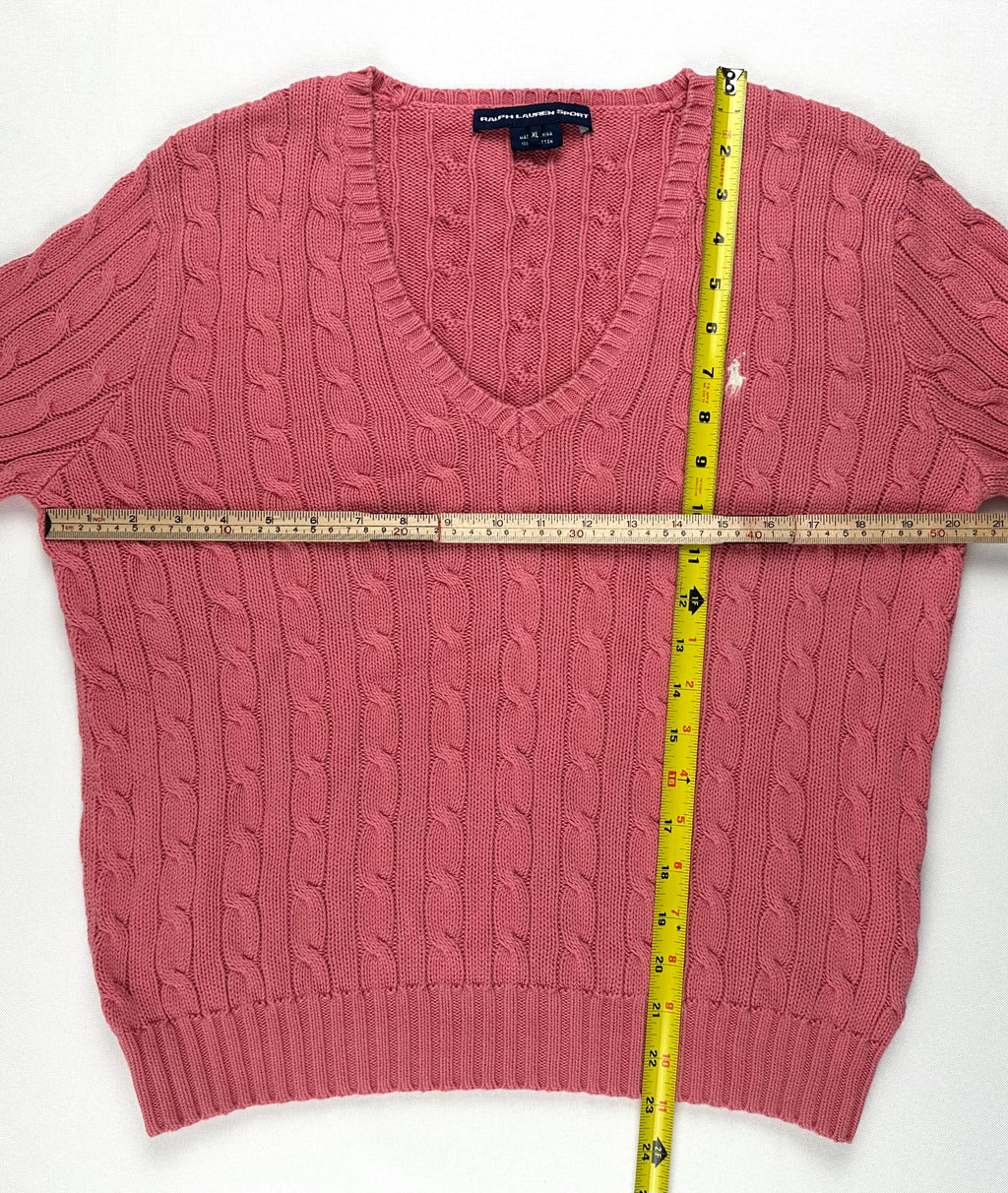 Vintage Ralph Lauren Sport Women’s XL Rose Pink Cable Knit V-Neck Cotton Sweater Pony
