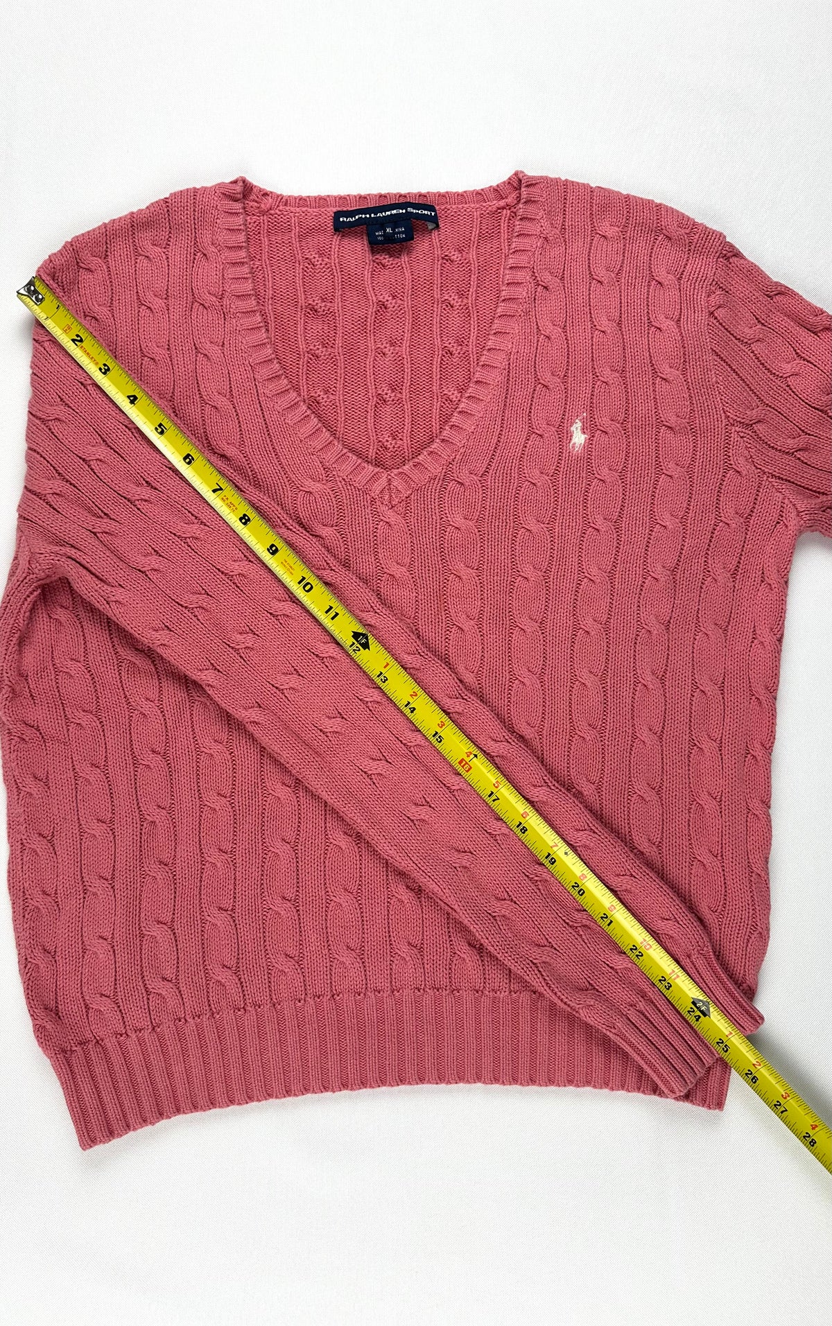 Vintage Ralph Lauren Sport Women’s XL Rose Pink Cable Knit V-Neck Cotton Sweater Pony