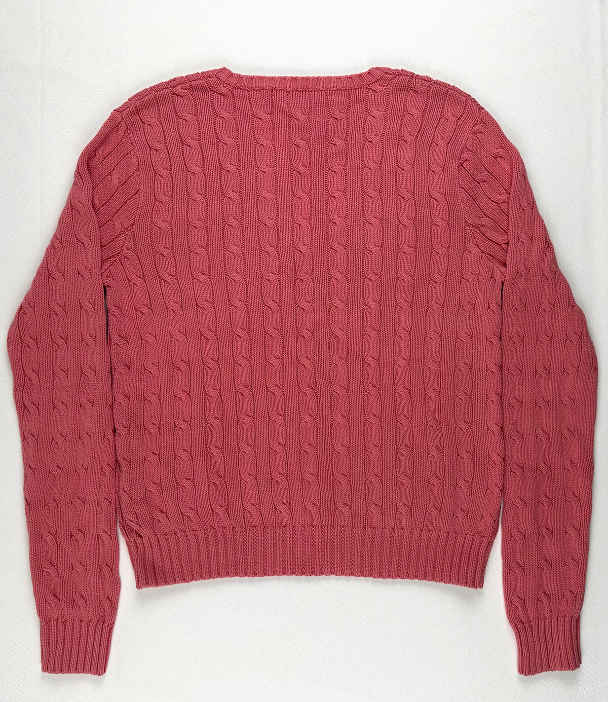 Vintage Ralph Lauren Sport Women’s XL Rose Pink Cable Knit V-Neck Cotton Sweater Pony