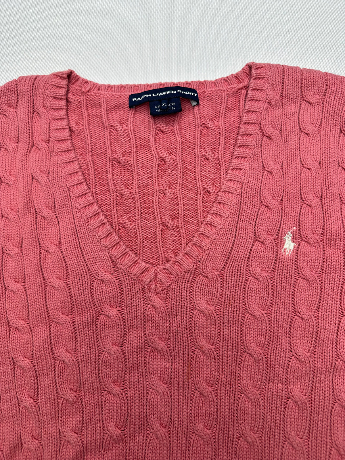 Vintage Ralph Lauren Sport Women’s XL Rose Pink Cable Knit V-Neck Cotton Sweater Pony