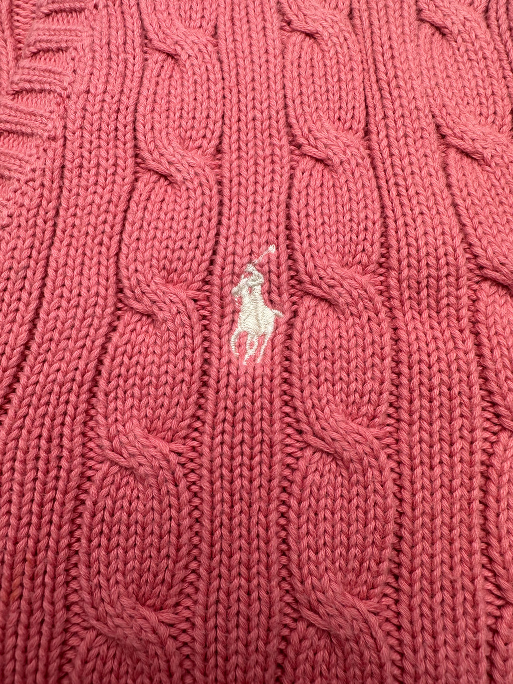Vintage Ralph Lauren Sport Women’s XL Rose Pink Cable Knit V-Neck Cotton Sweater Pony