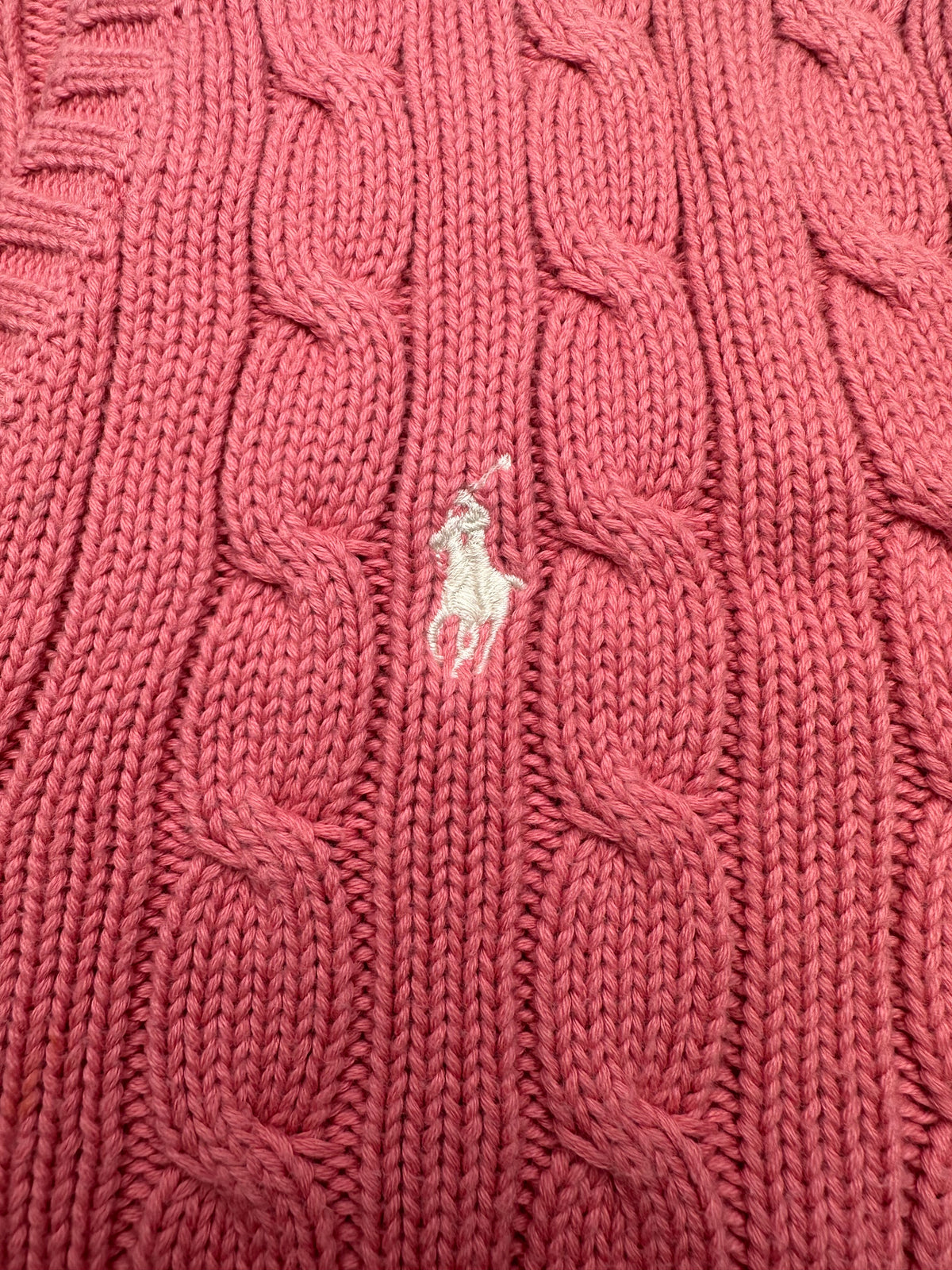 Vintage Ralph Lauren Sport Women’s XL Rose Pink Cable Knit V-Neck Cotton Sweater Pony
