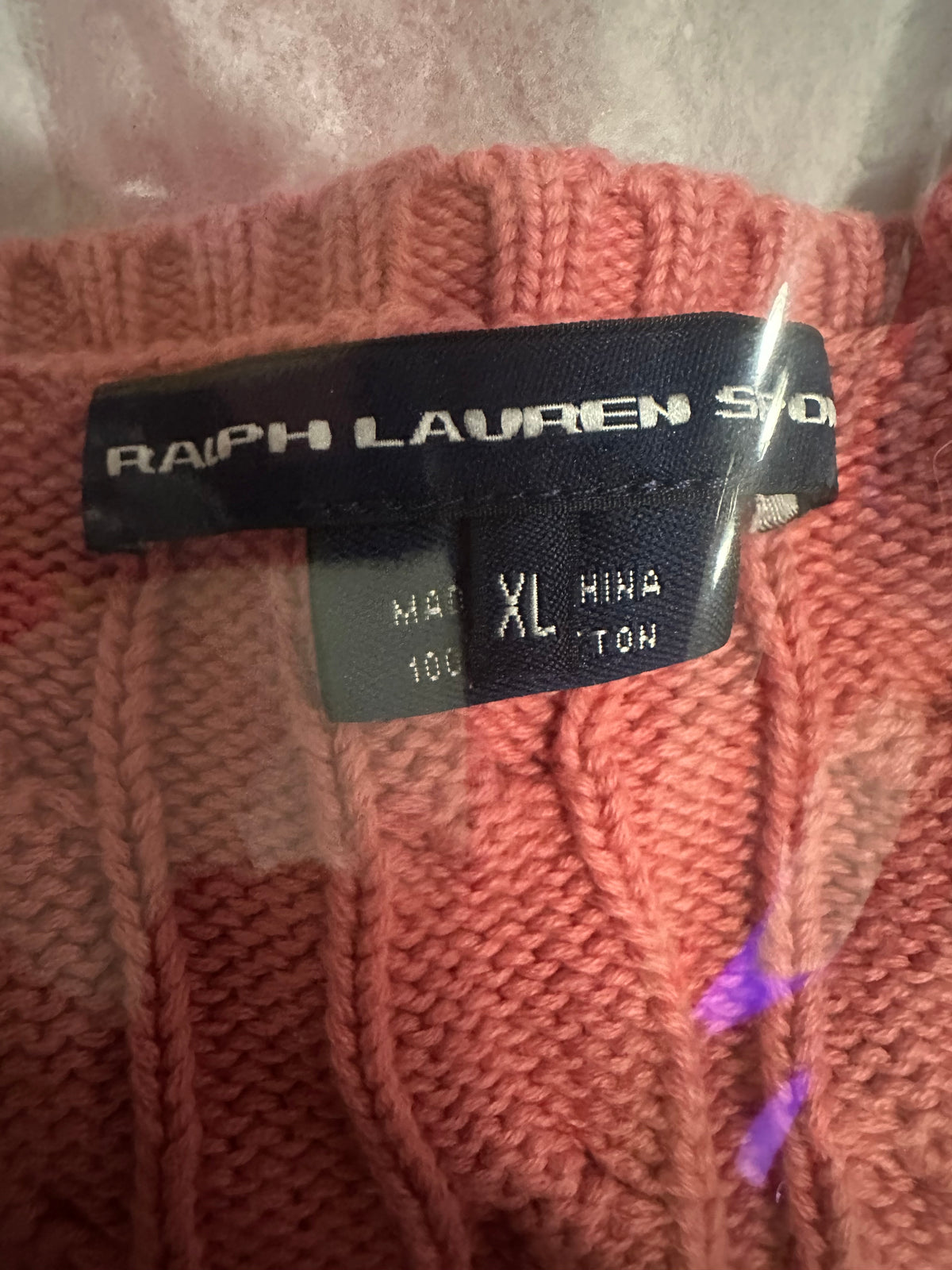 Vintage Ralph Lauren Sport Women’s XL Rose Pink Cable Knit V-Neck Cotton Sweater Pony