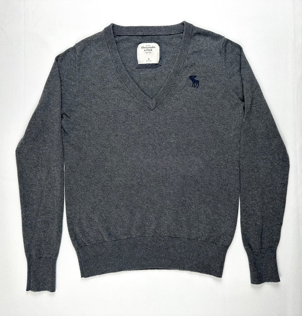 Vintage Abercrombie & Fitch Women M Gray V-Neck Moose Logo Sweater Cashmere Wool