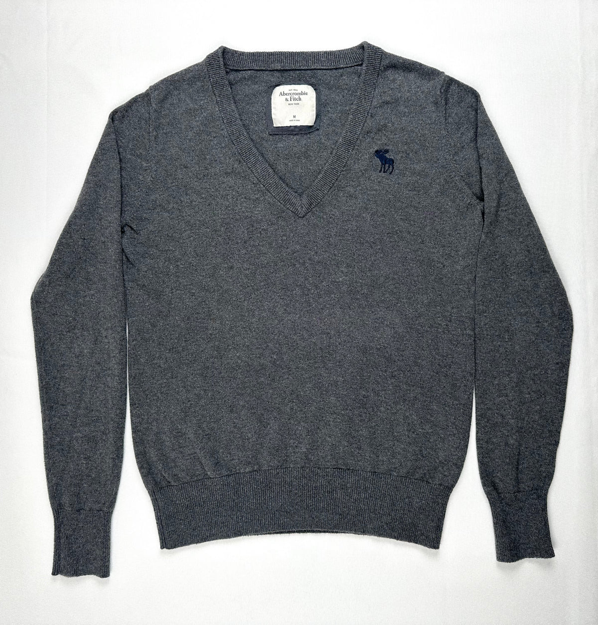 Vintage Abercrombie & Fitch Women M Gray V-Neck Moose Logo Sweater Cashmere Wool