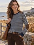 Lauren Ralph Lauren Women’s L Navy Stripe Top Suede Elbow Patch Shoulder Zip