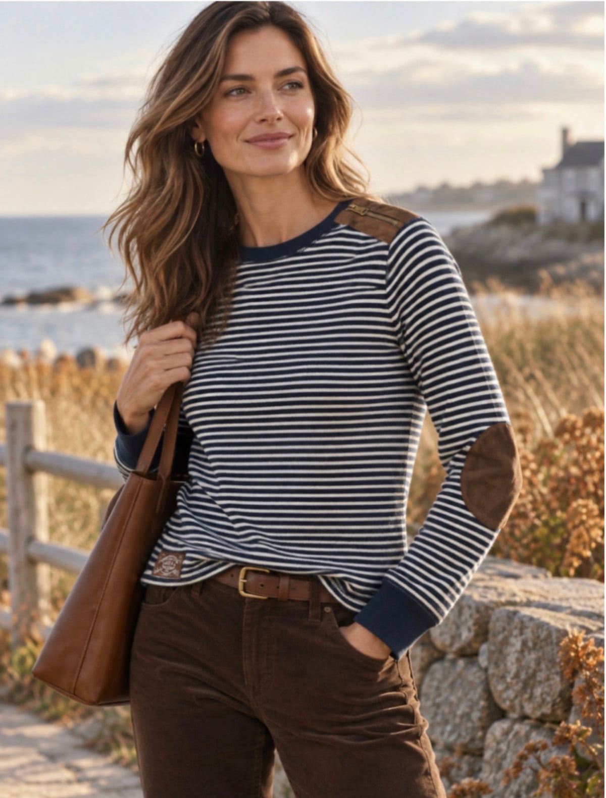Lauren Ralph Lauren Women’s L Navy Stripe Top Suede Elbow Patch Shoulder Zip