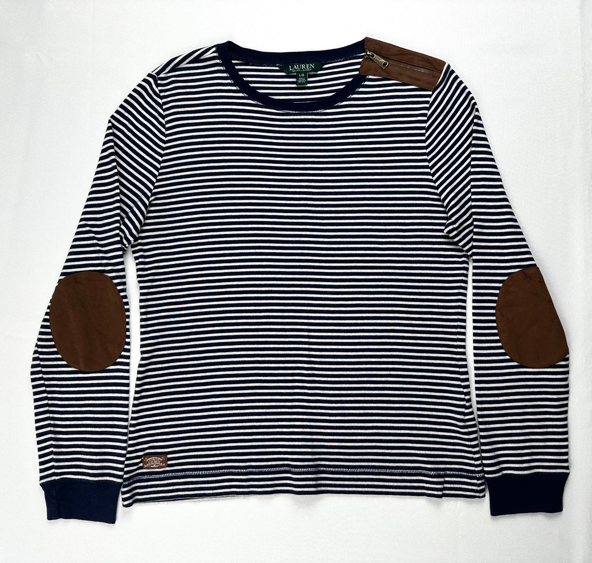 Lauren Ralph Lauren Women’s L Navy Stripe Top Suede Elbow Patch Shoulder Zip