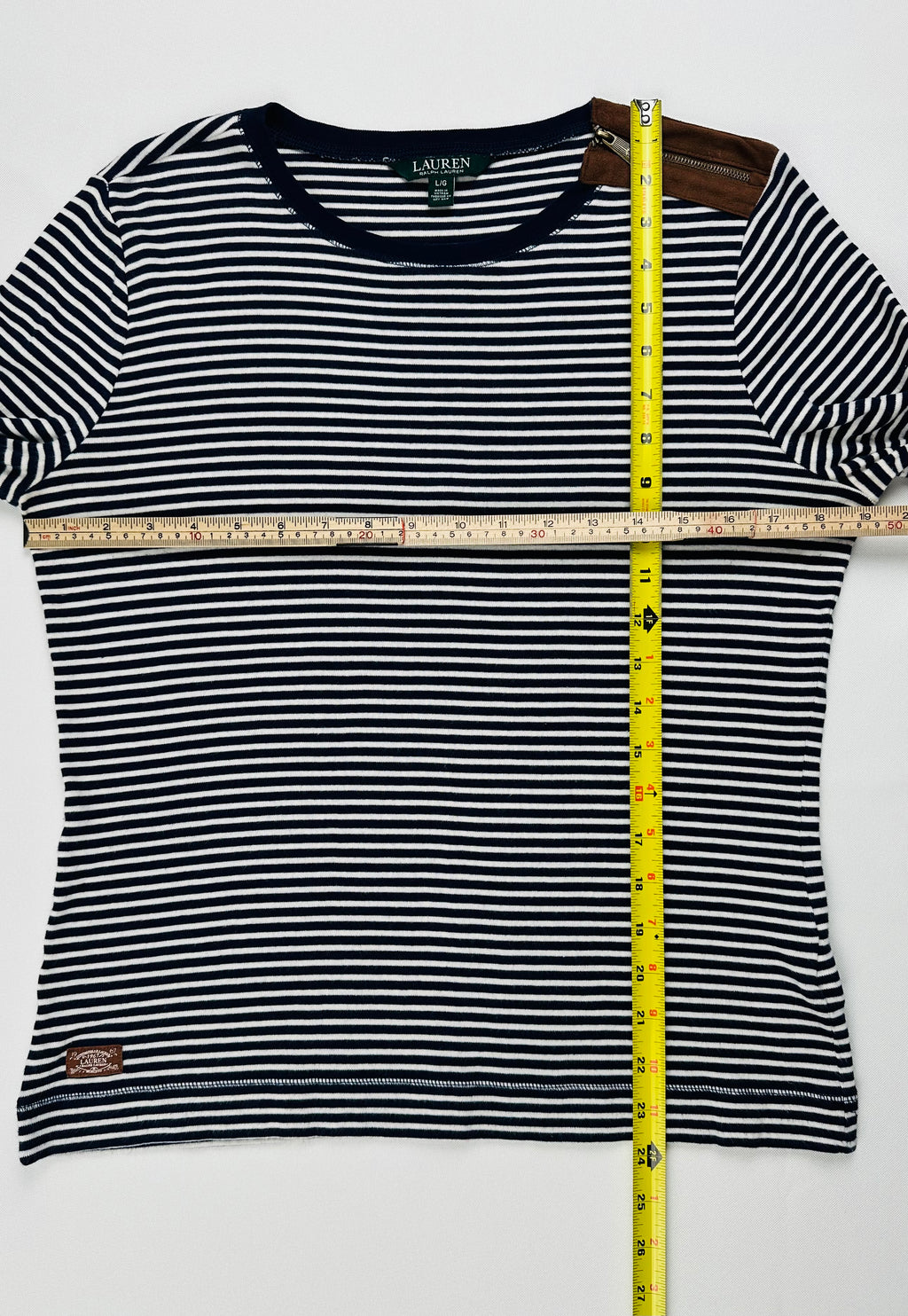 Lauren Ralph Lauren Women’s L Navy Stripe Top Suede Elbow Patch Shoulder Zip