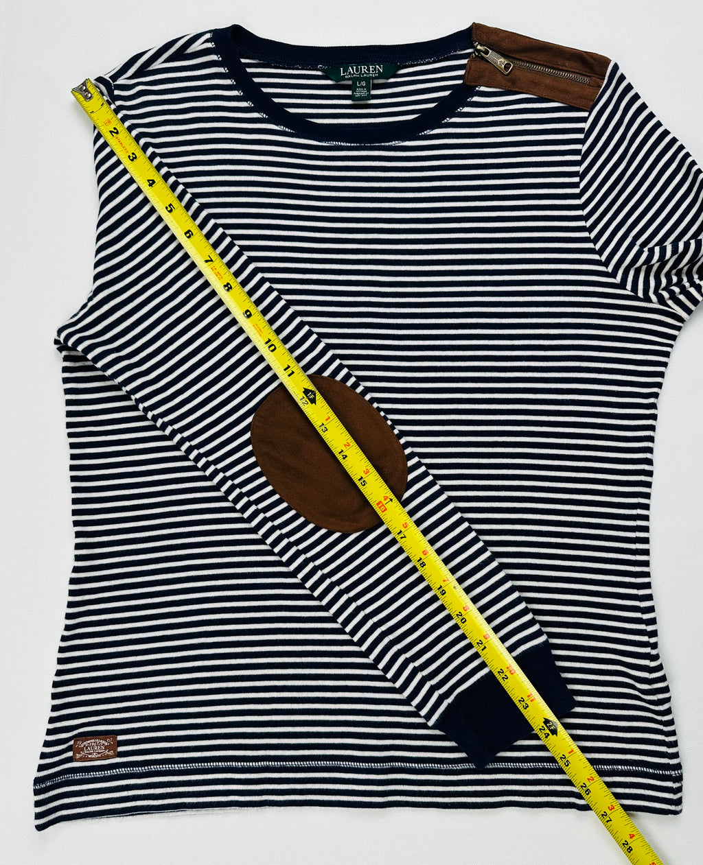 Lauren Ralph Lauren Women’s L Navy Stripe Top Suede Elbow Patch Shoulder Zip
